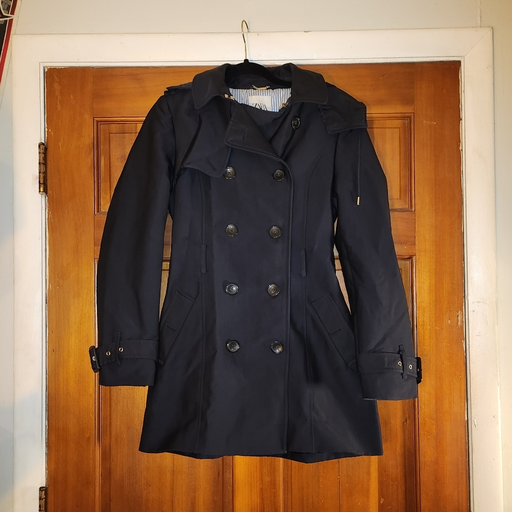 Navy Blue Zara Short Trench Coat (Detachable Hood) - Picture 2 of 9